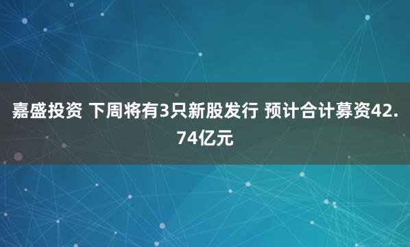 嘉盛投资 下周将有3只新股发行 预计合计募资42.74亿元